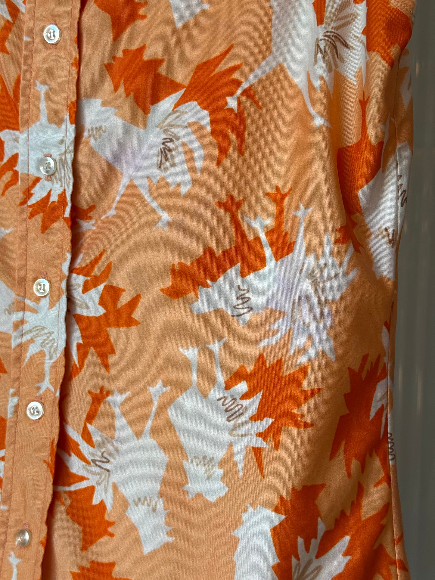 1970s Peach & Orange Rooster Sleeveless Button-Up Blouse