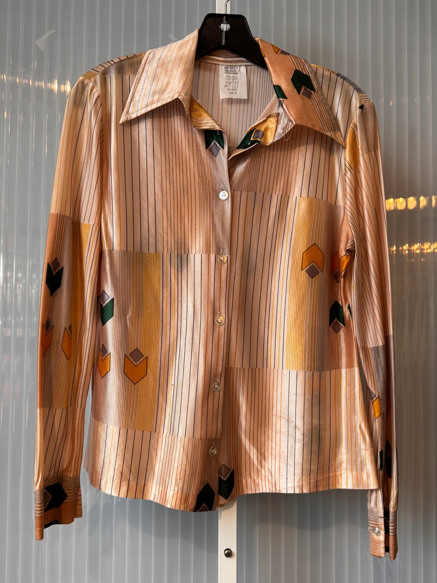 1970s Peach Patterned Point Collar Disco Shirt