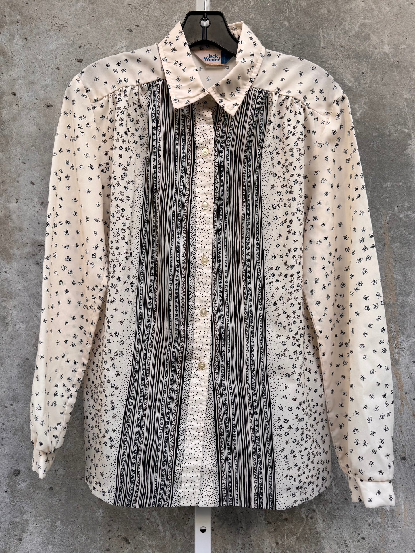 1980s Cream Blouse with Sketched Floral Print & Collar