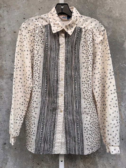 1980s Cream Blouse with Sketched Floral Print & Collar