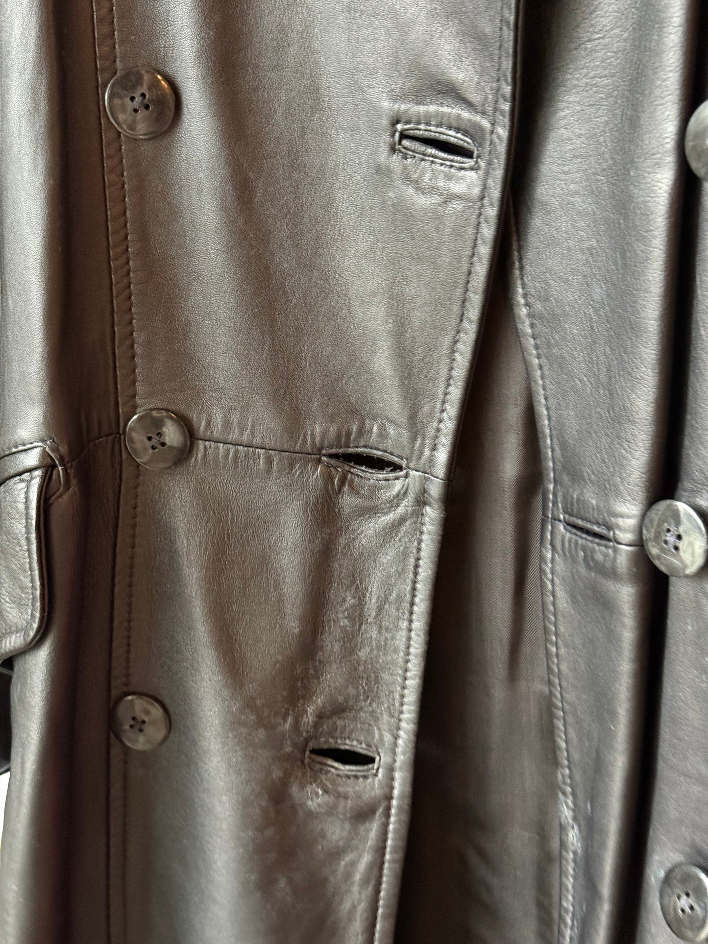 1990s Full Length Black Double Breasted Leather Trench Coat