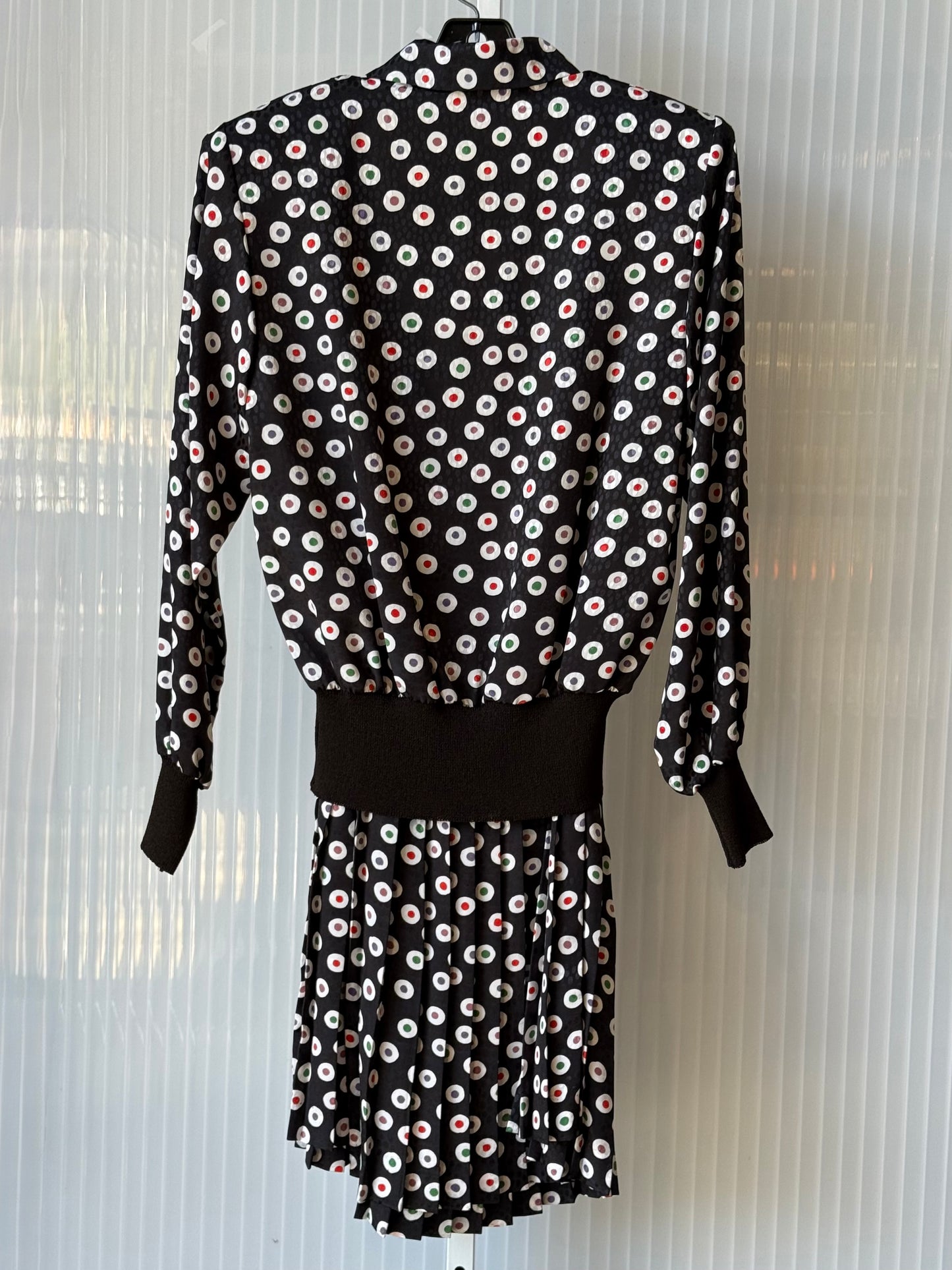 1980s Multicolor Dot Pattern Black Satin Top & Skirt Set