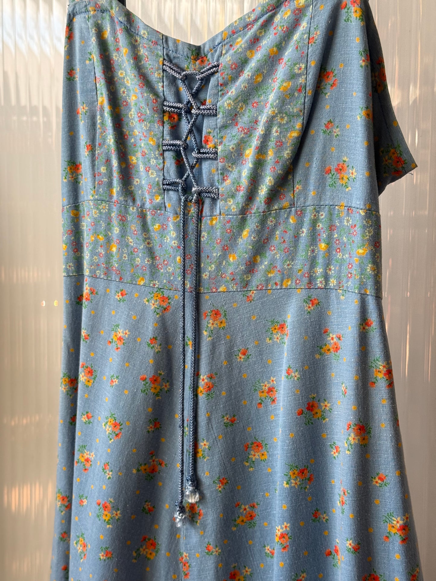 1970s Denim Floral Sun Dress w/ Lace-Up Bust