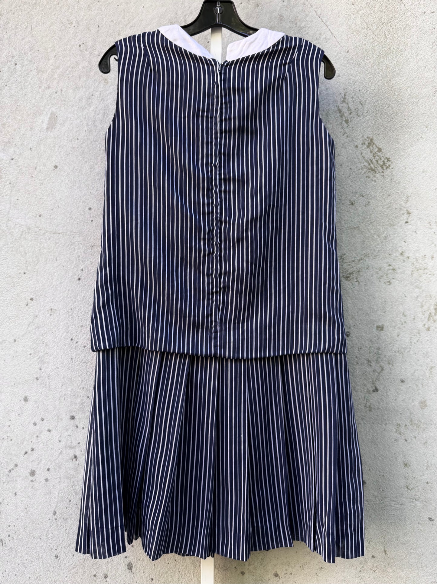 1960s? Navy Blue & White Striped Pleated Dropwaist Dress