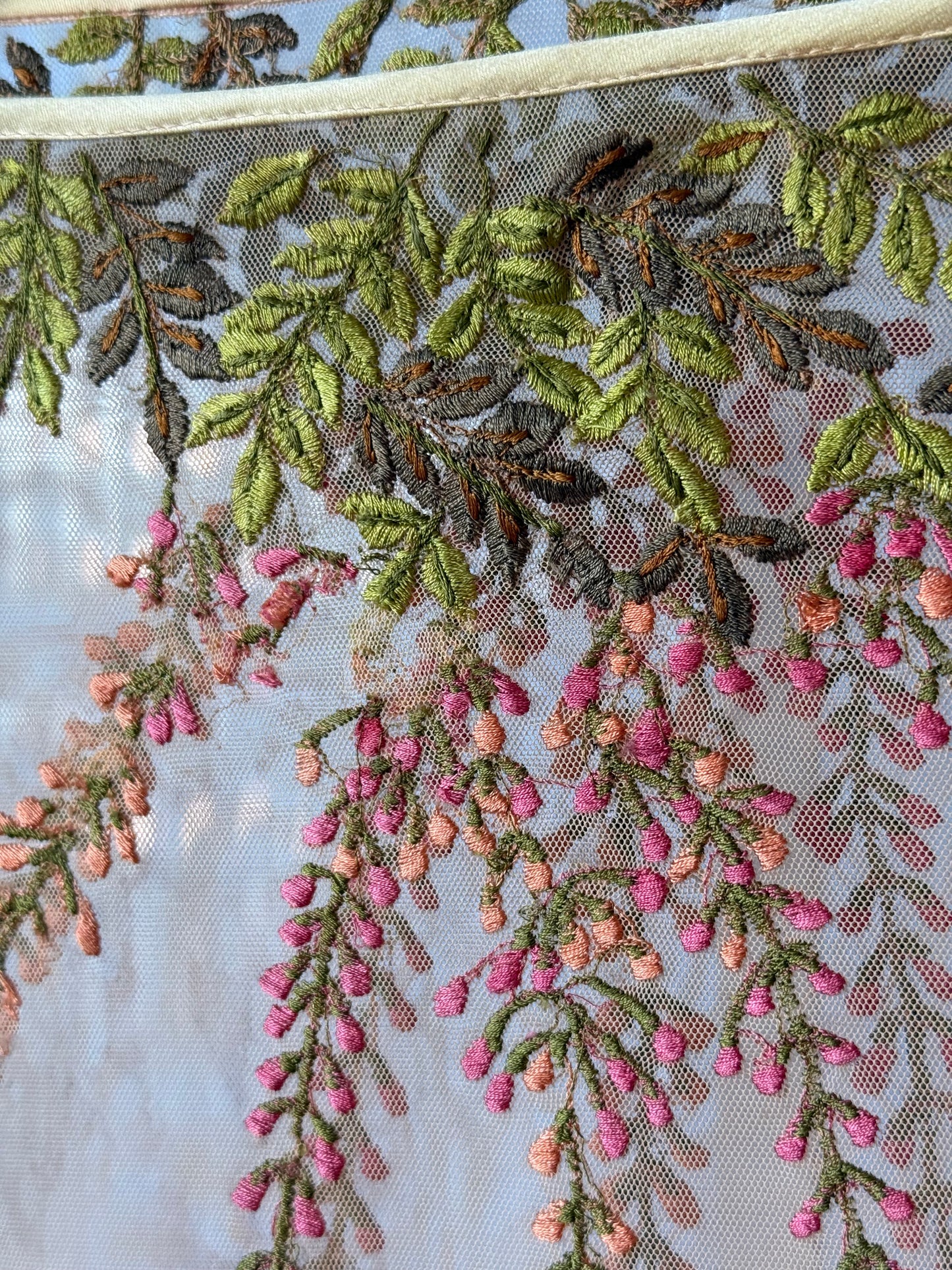 1960s Peachy Pink Sheer Fringe Poncho w/ Floral Embroidery