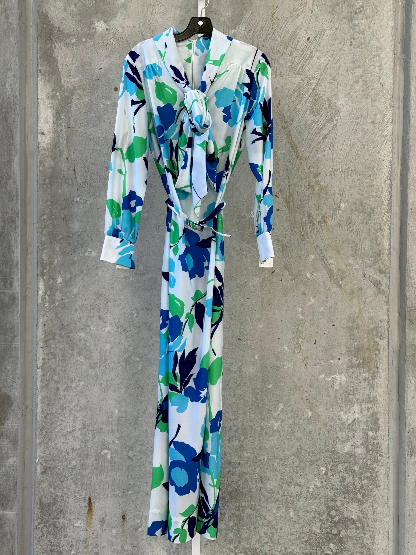 1970s White Dress with Blue & Green Floral Print