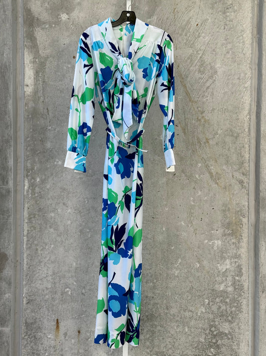 1970s White Dress with Blue & Green Floral Print