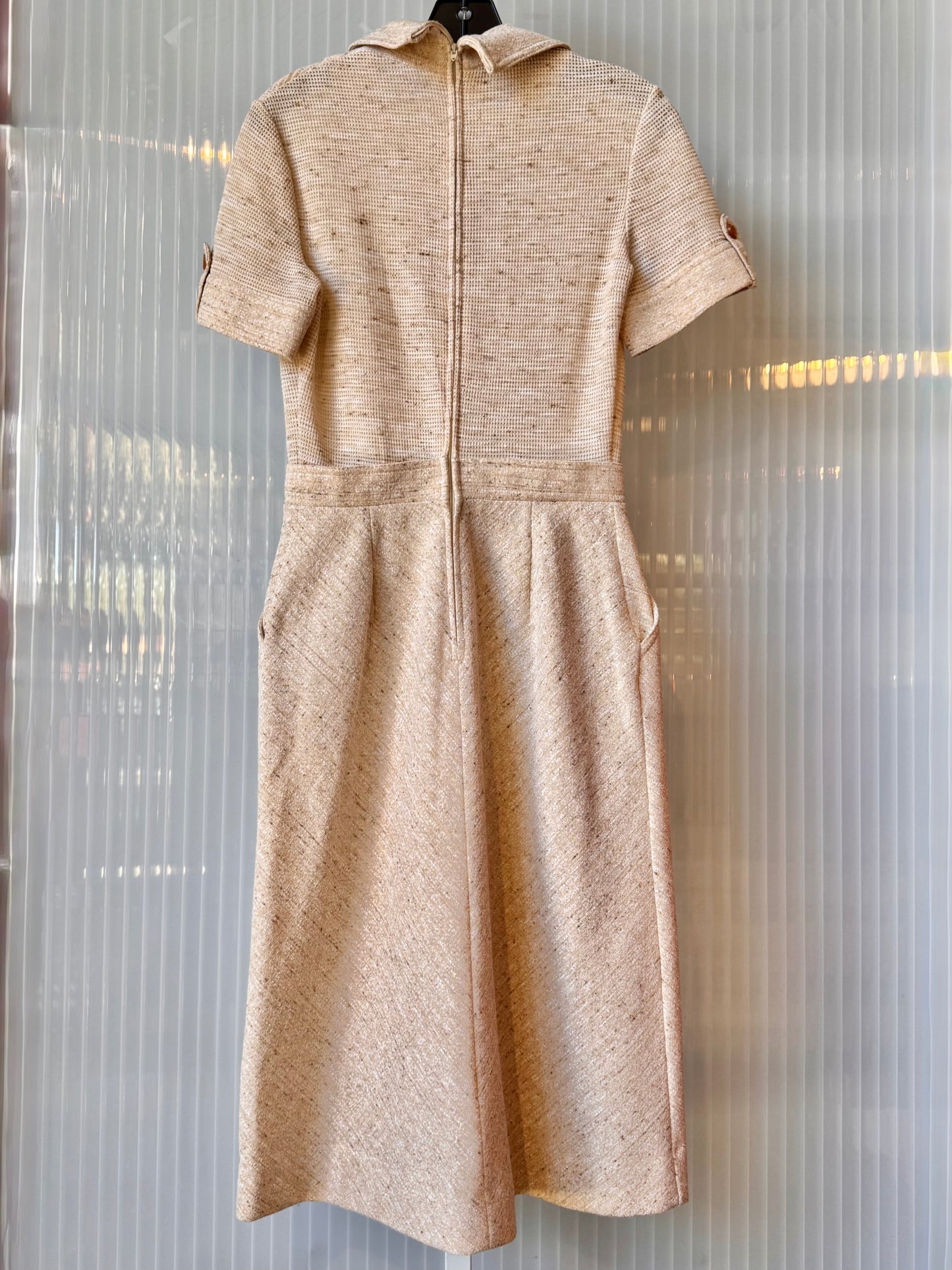 1970s Tan Short-Sleeve Point Collar Sheath Dress