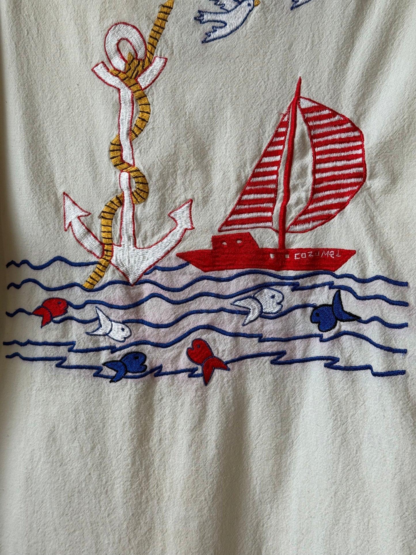 Cream Nautical Cozumel Mexican Embroidered Shirt