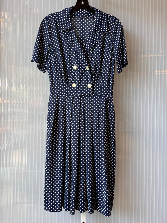 1970s does 40s Blue Polka Dot Pleated Shirtwaist Dress