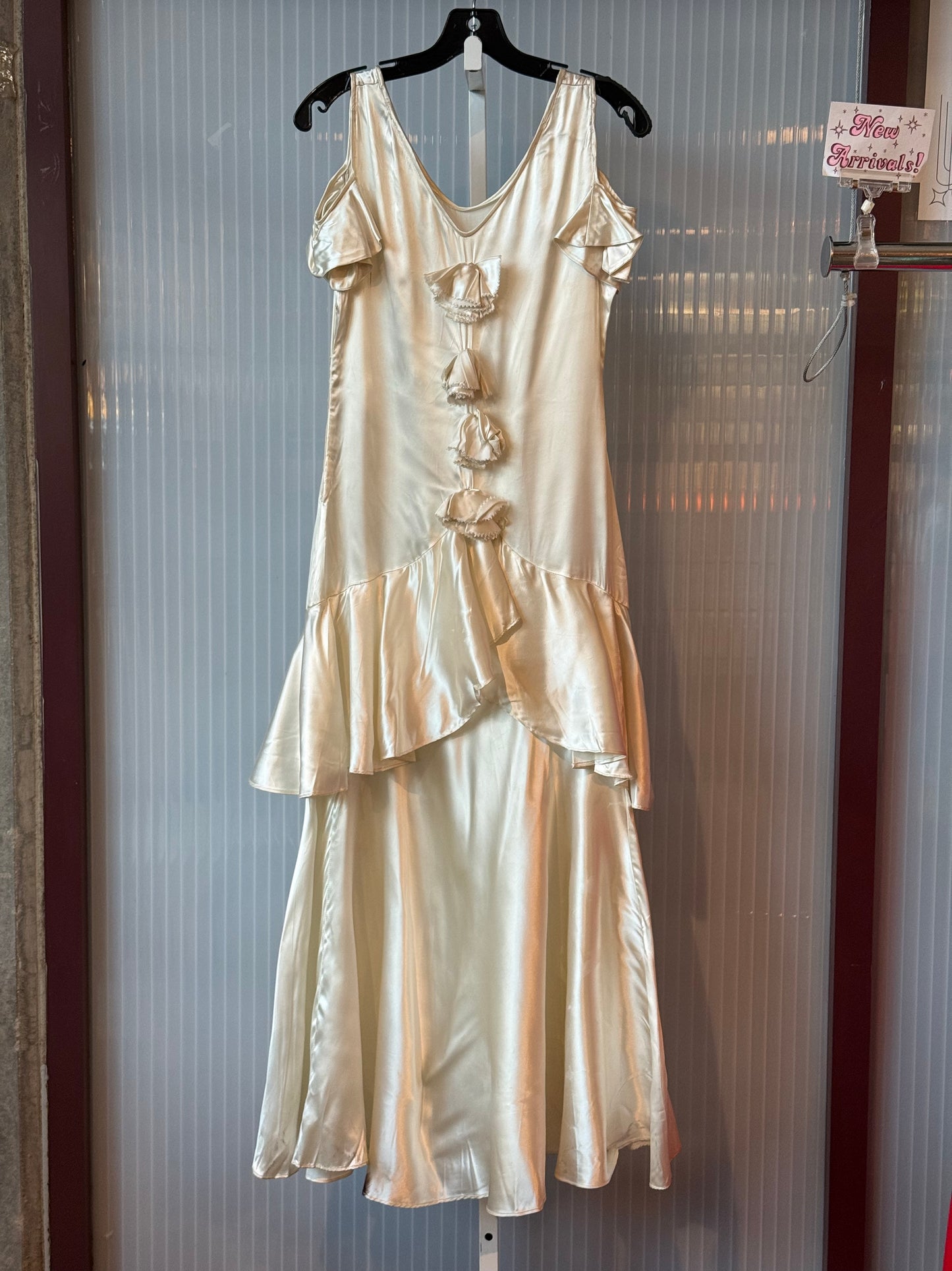 1930s Cream Silk Gown w/ Drop Waist Ruffle & Off-Shoulder sleeves.