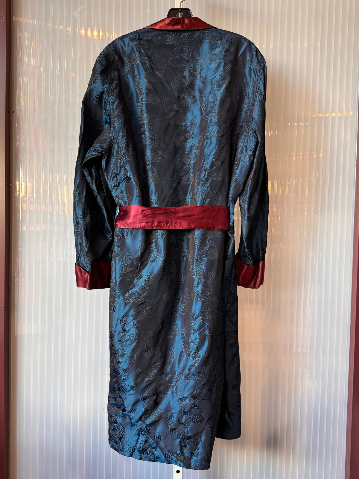 1960s Dark Teal Blue & Burgundy Satin Smoking Robe