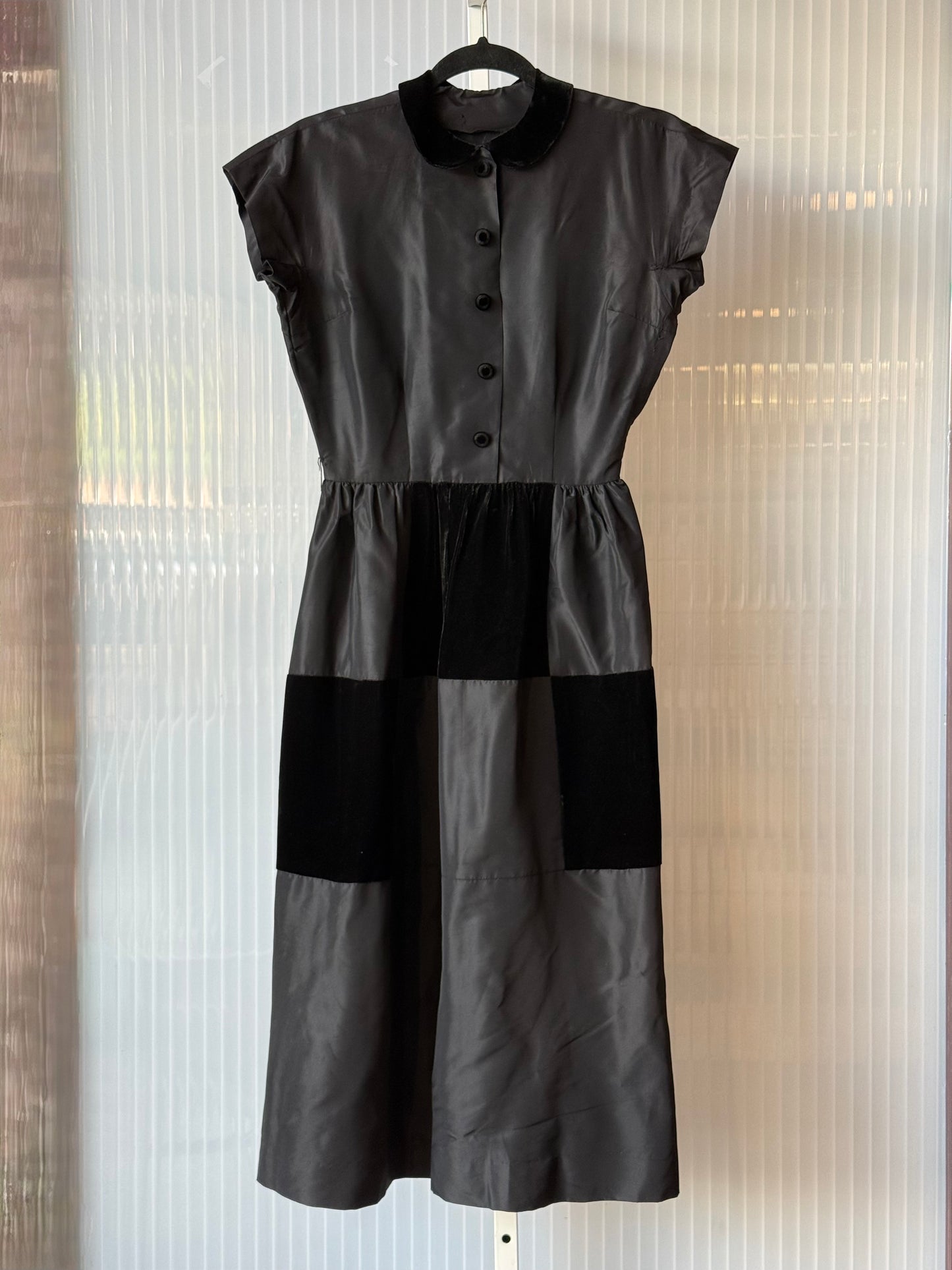 1950s Black Taffeta Dress w/ Velvet Squares