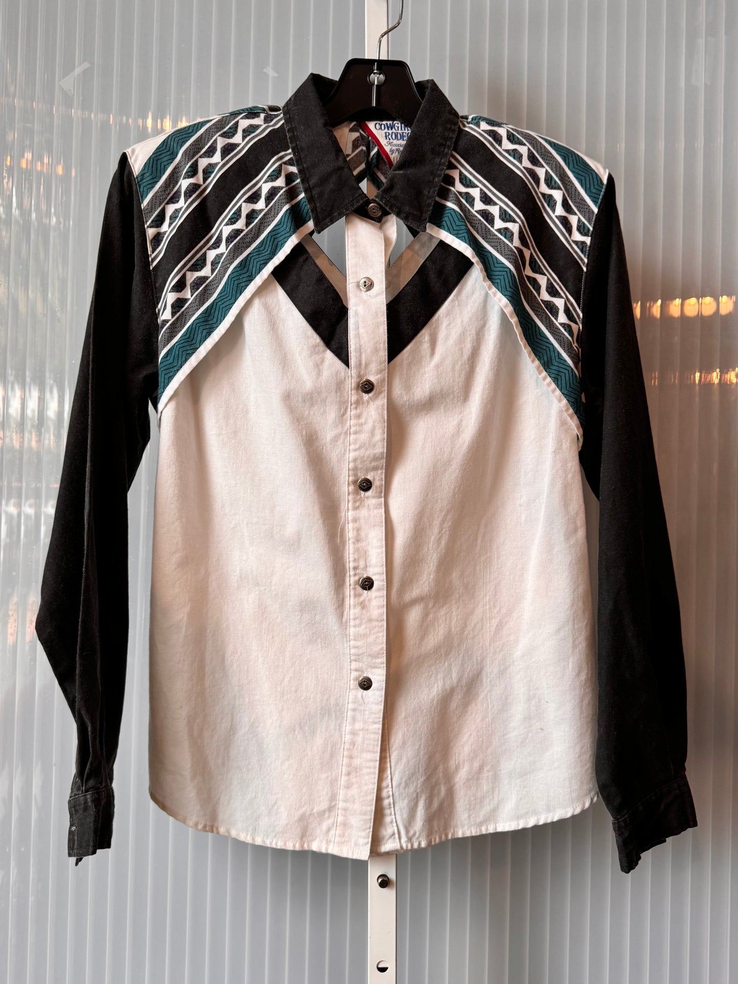 1980s Black White Teal Western Button-up Shirt
