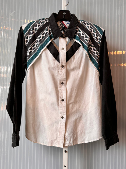 1980s Black White Teal Western Button-up Shirt