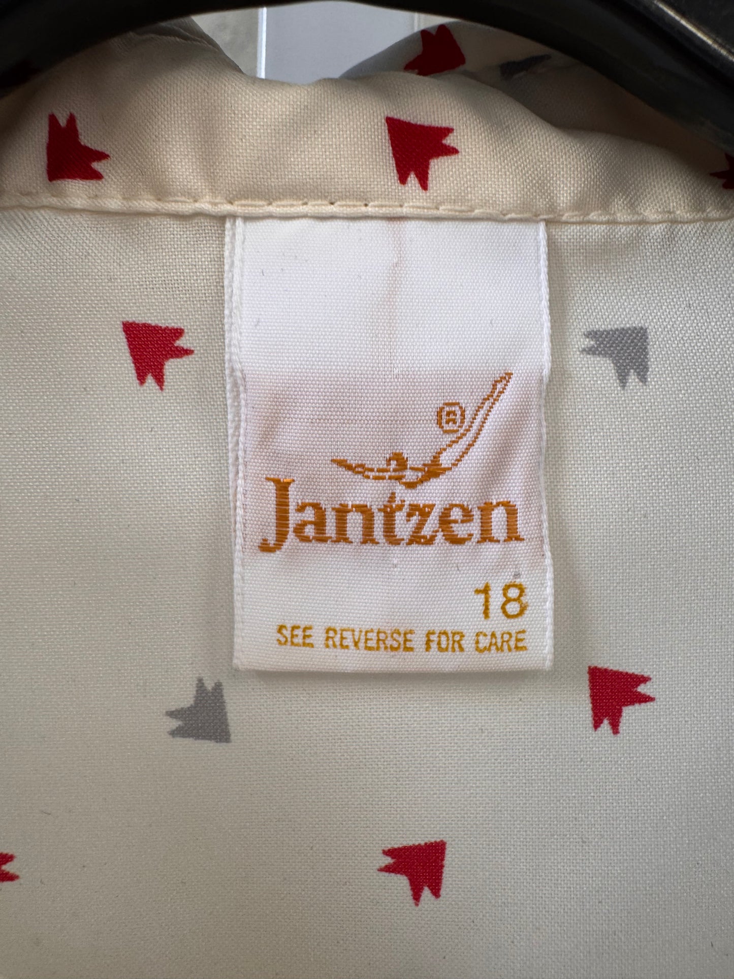 1970s Jantzen White Blouse with Geometric Pattern & Neck Bow