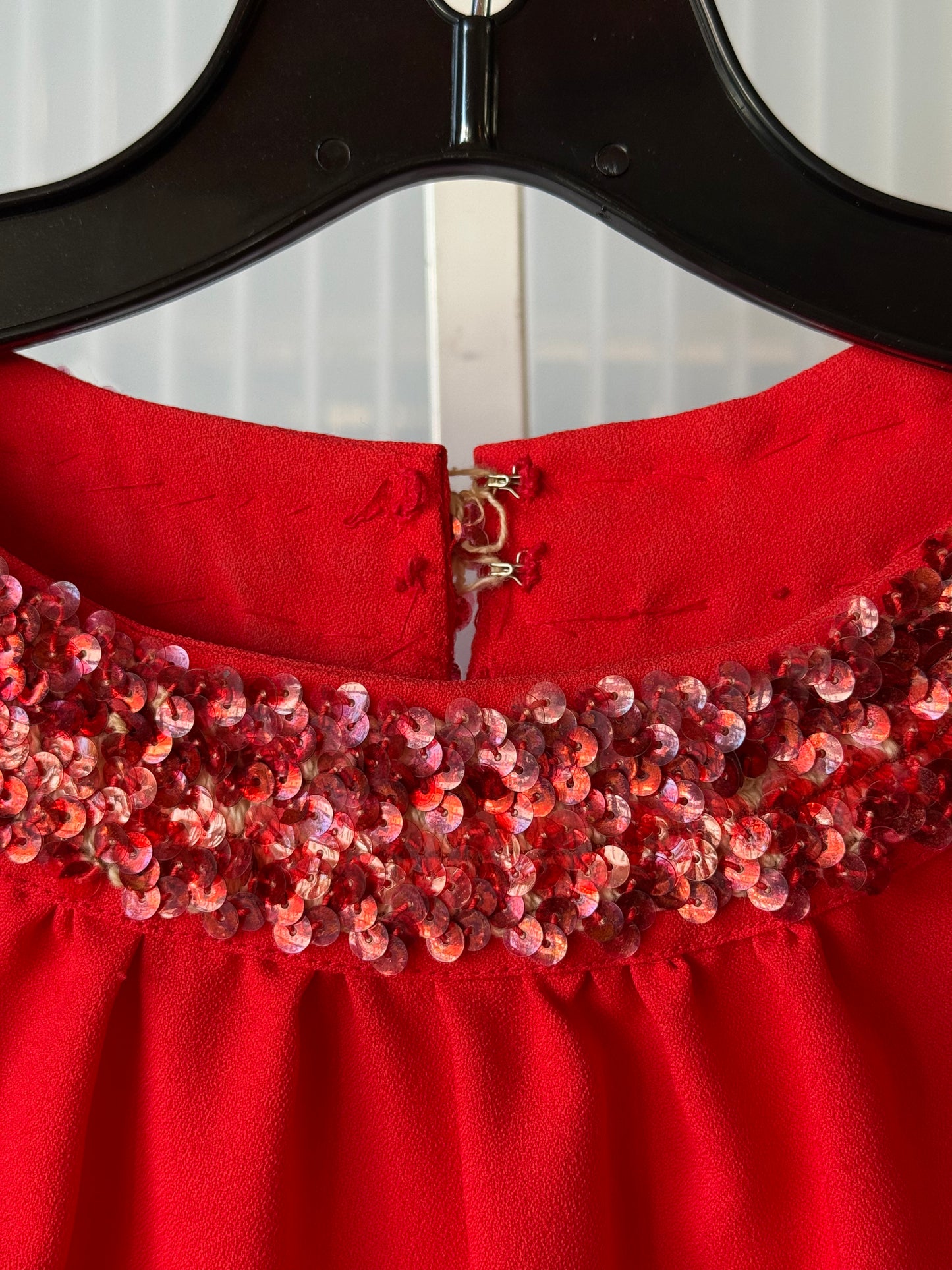 1970s Red Sheer-Sleeve Gown with Sequin Collar & Cuff