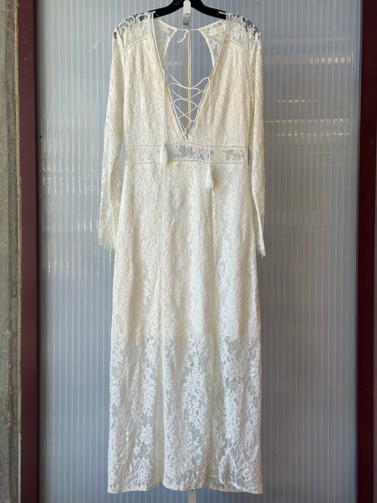2000s White Lace Up Maxi Dress