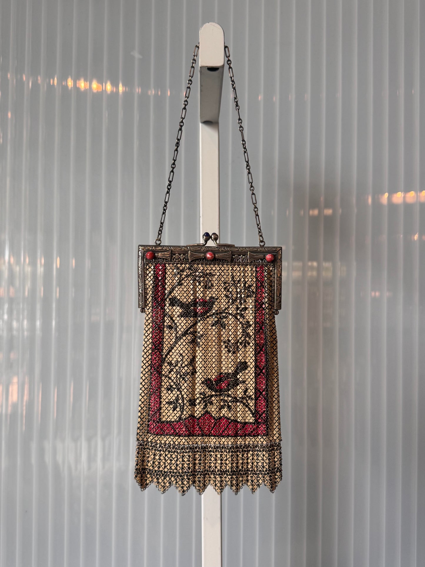 1930s Cream & Magenta Bird Metal Mesh "Elsah" Purse