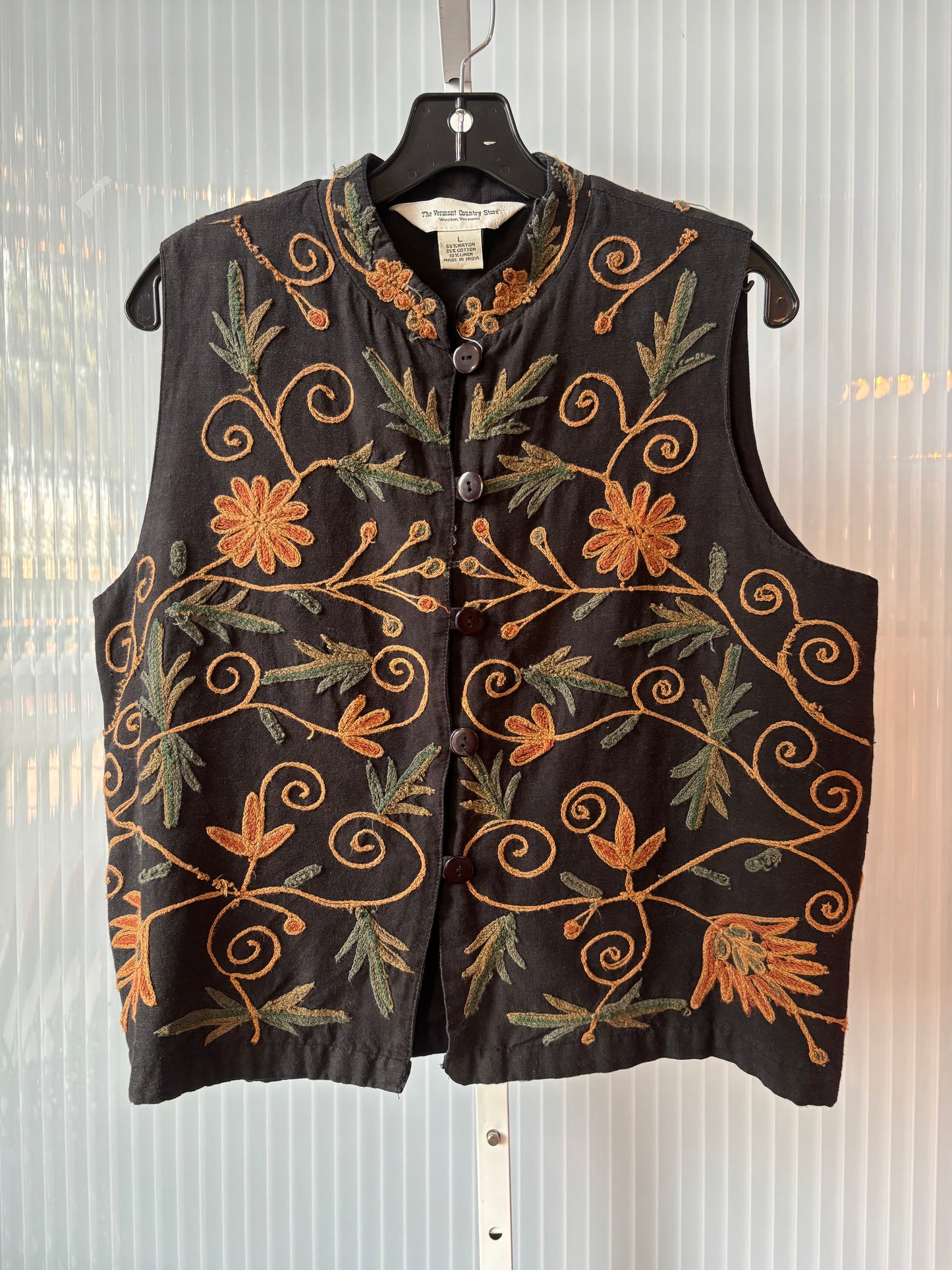 1990s/2000s Black Linen-Blend Vest w/ Floral Embroidery