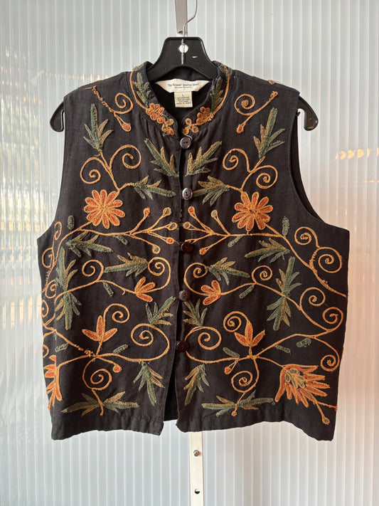 1990s/2000s Black Linen-Blend Vest w/ Floral Embroidery