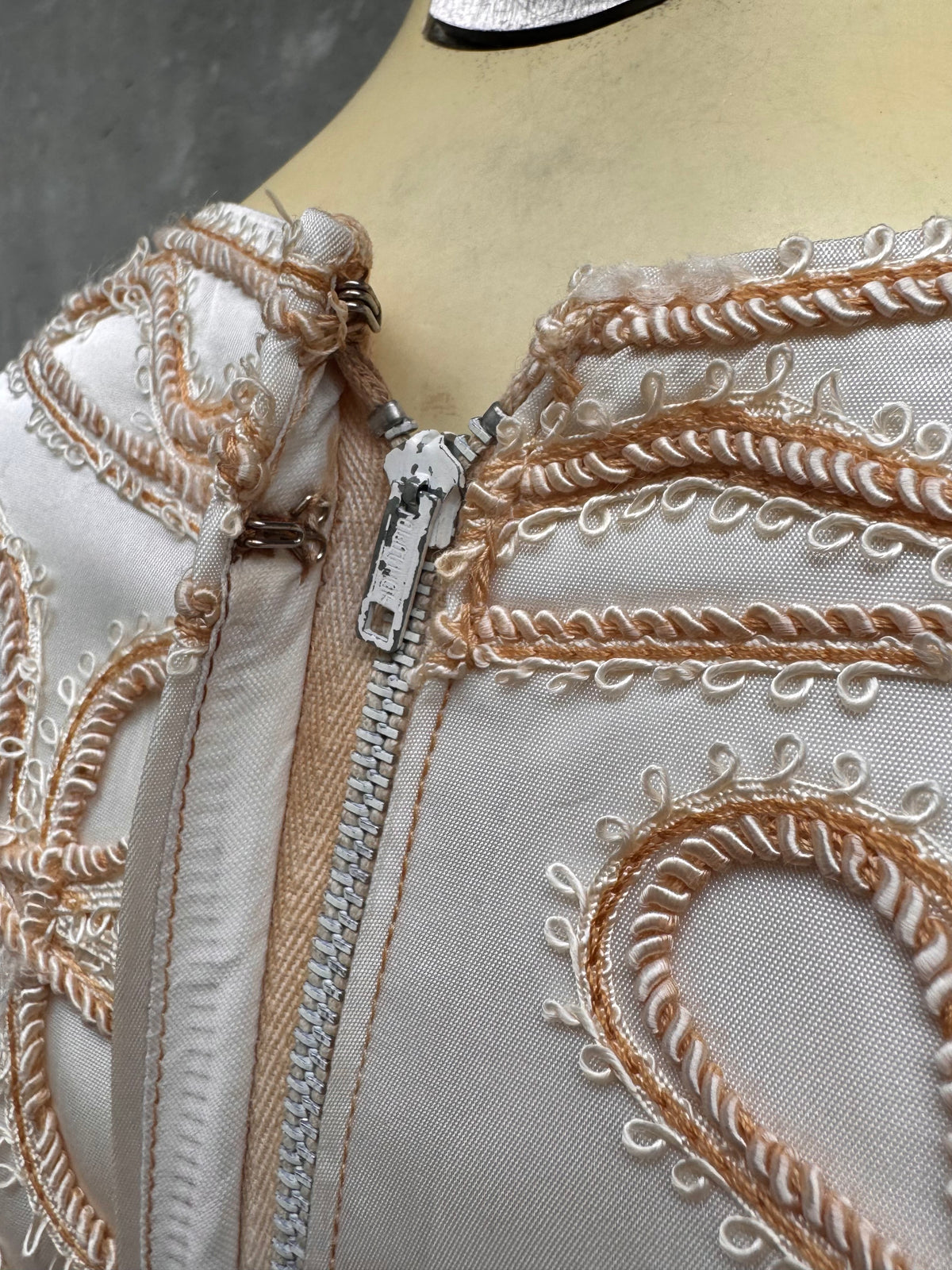 1970s Cream Wedding Dress with Tan Embroidery