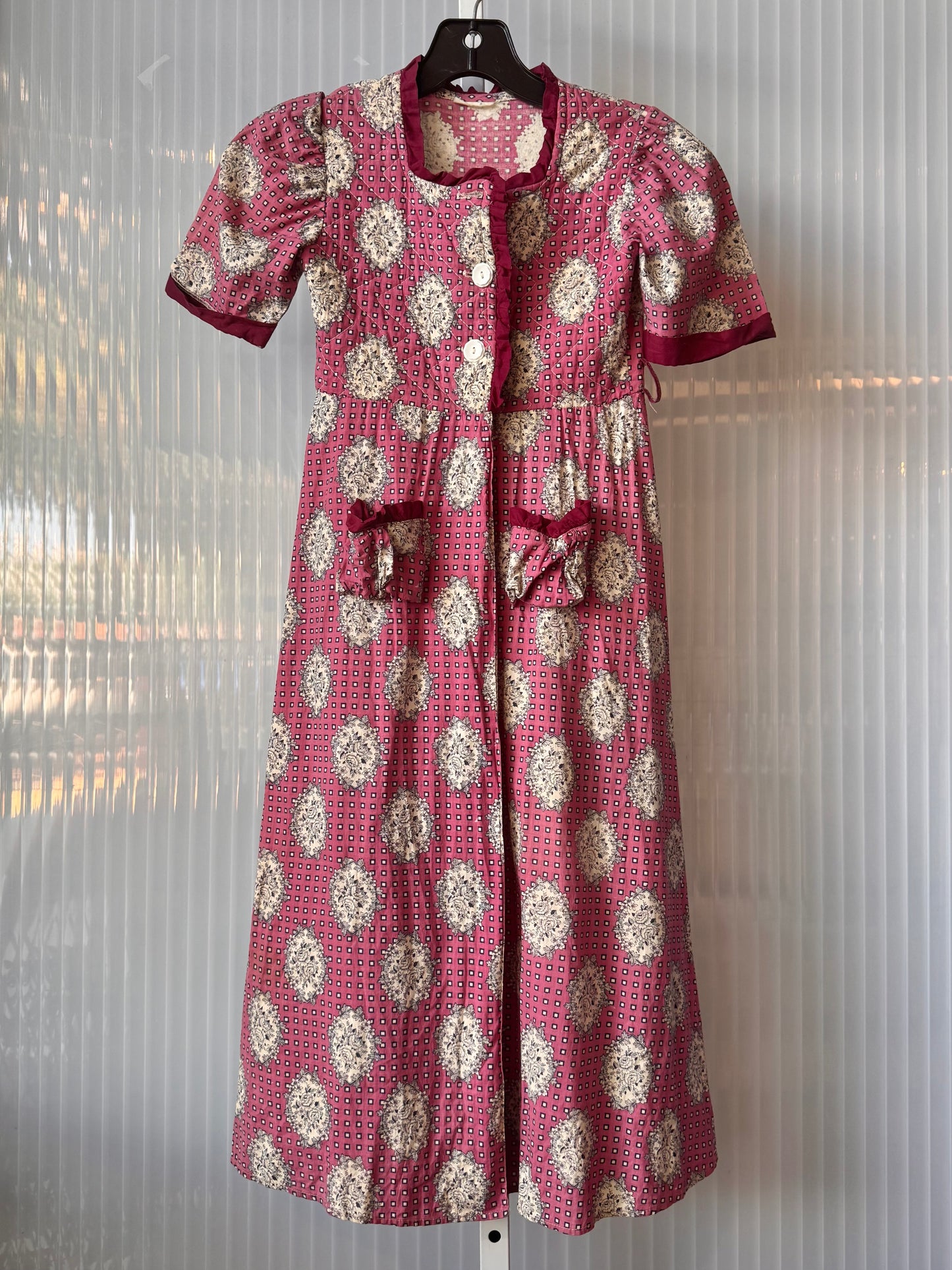 1960s Children's Mauve & Cream Floral & Square Pattern Dress