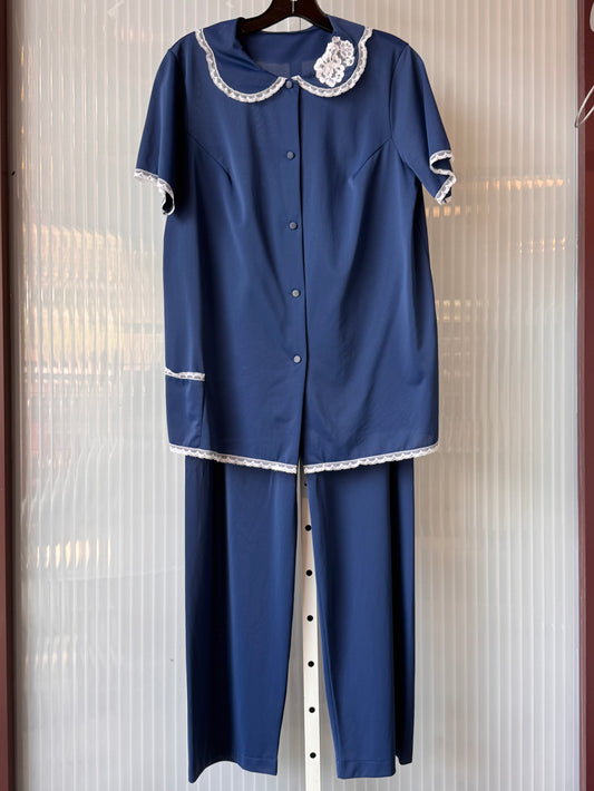 1970s Blue Pajama Set with White Lace Trim