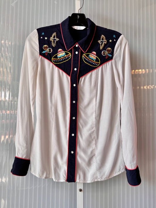 1980s White Western Button Up with Mexican Beading