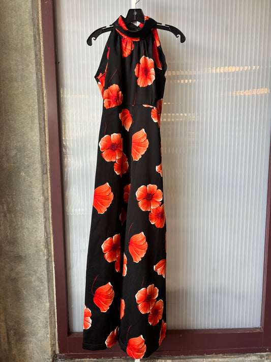 1990s Black Flare Leg Jumpsuit w/ Orange Poppy Print