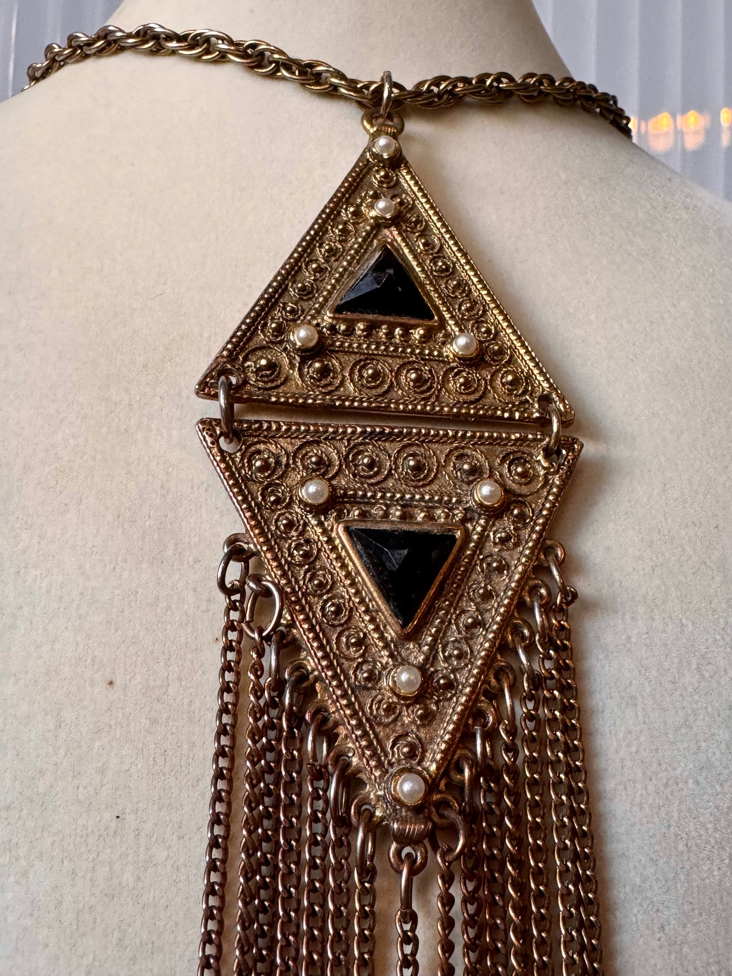 1970s Gold Black Stone and Pearl Tassels Necklace