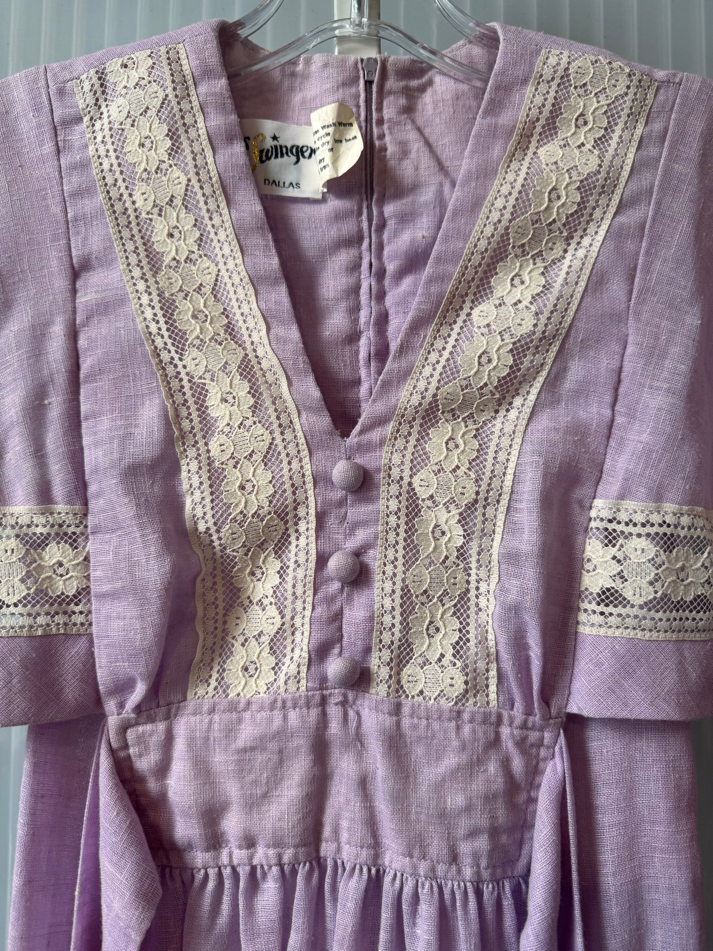 1970s Lavender Linen Dress w/ Cream Lace Details