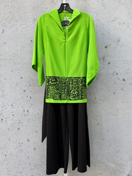 1970s Aztec-Inspired Green Top & Black Pants Set