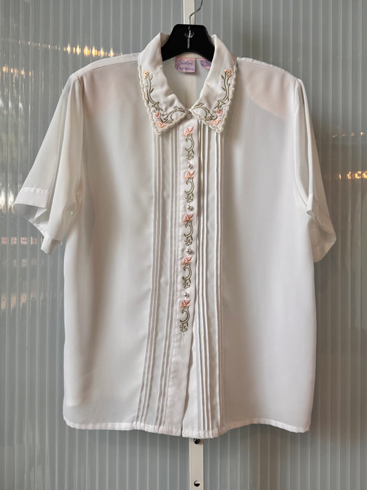 1980s Pink Floral White Button-Up Blouse