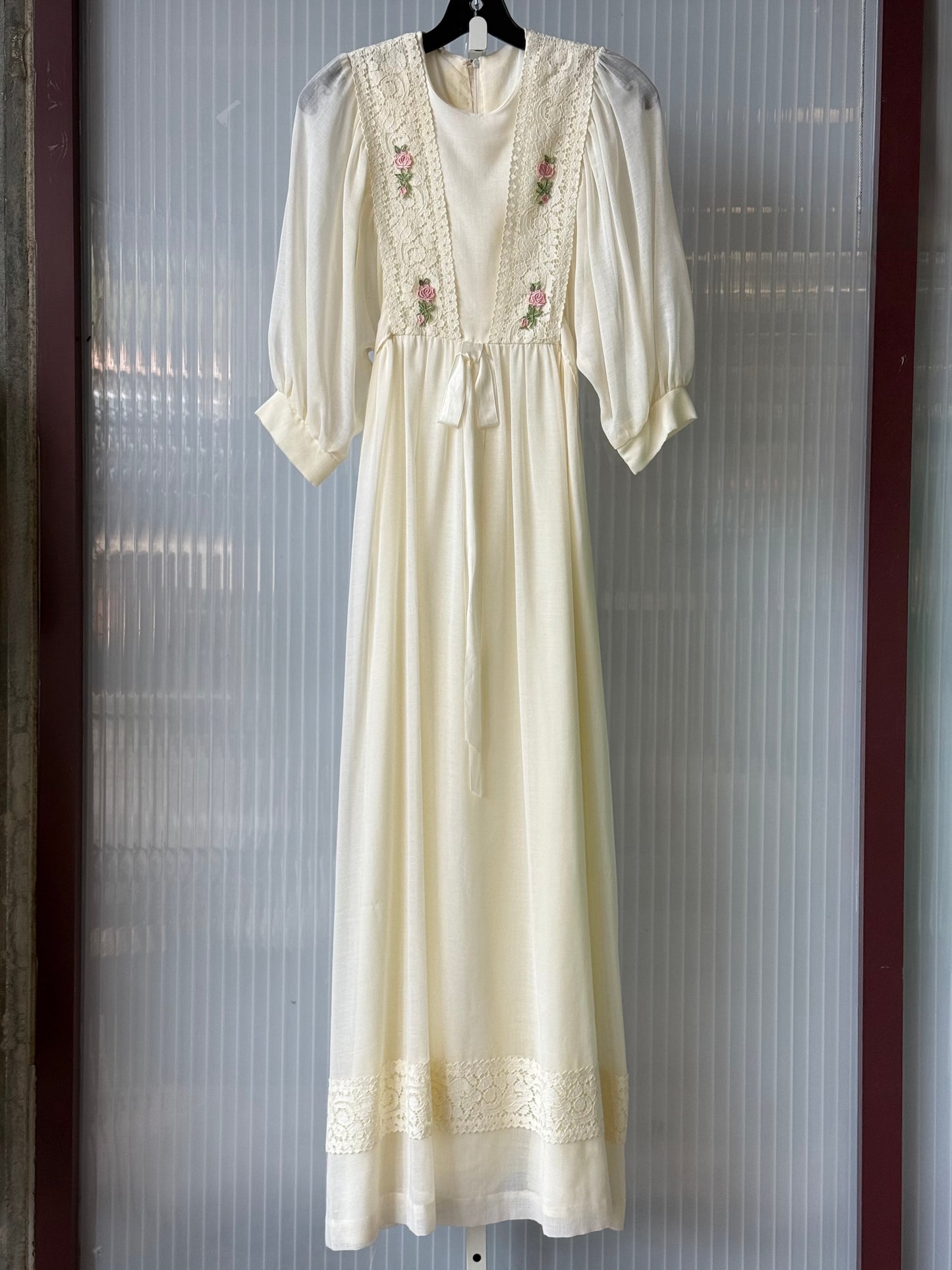 1970s Cream Layered Maxi Gown w/ Lace & Embroidery