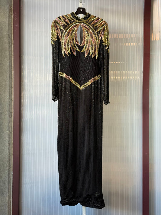 1980s Black Sequin Beaded Gown w/ Gold & Pink Nouveau Applique