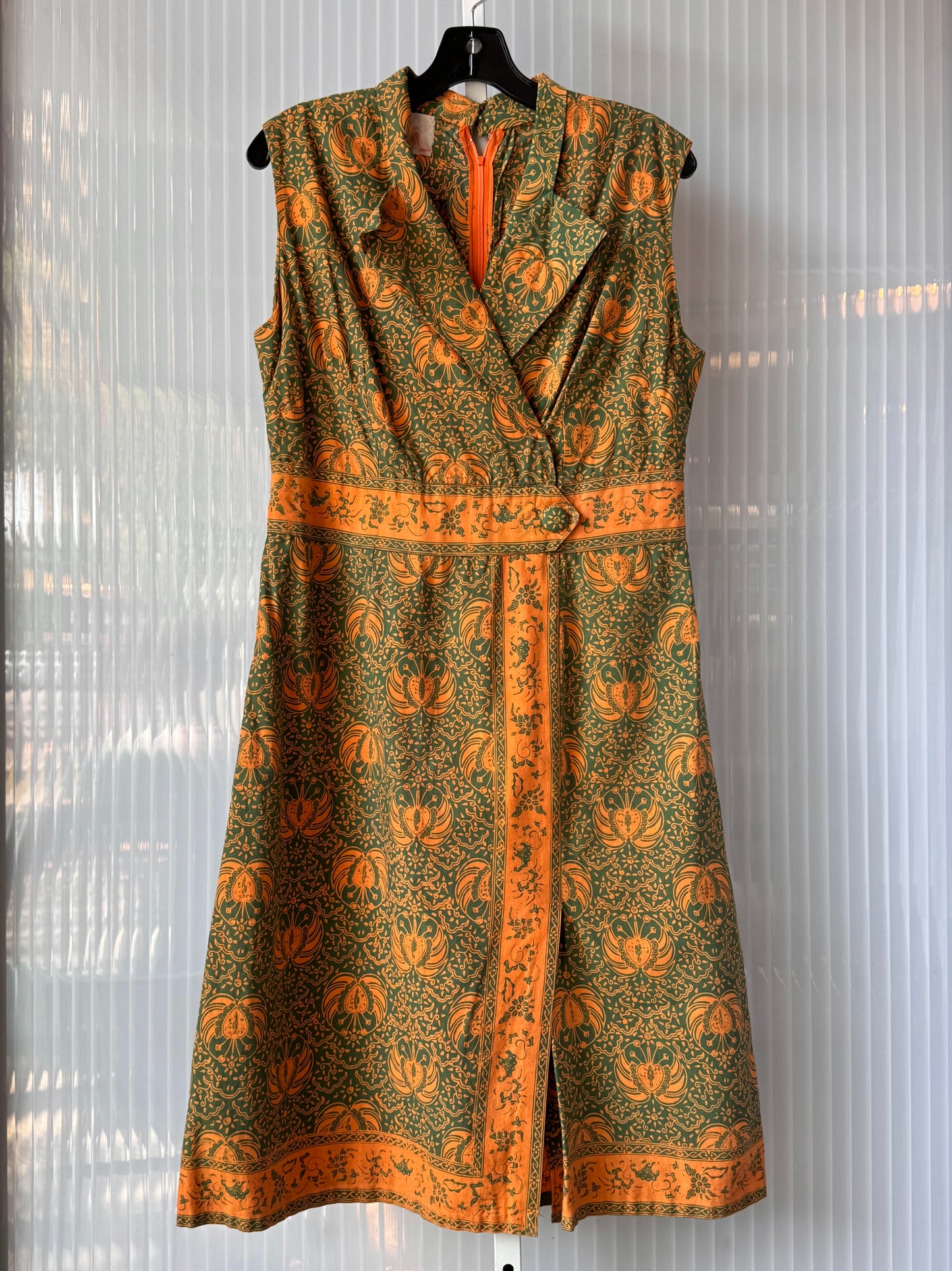 1990s Orange & Green Batik Shirtwaist Sleeveless Dress