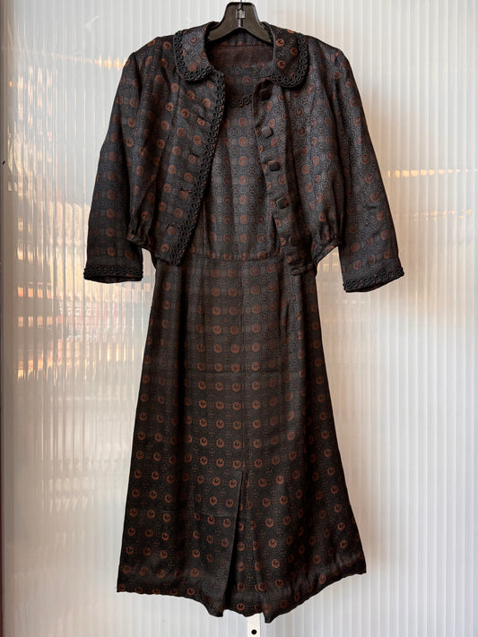 1950s Black & Copper Jacquard Patterned Dress & Jacket Set