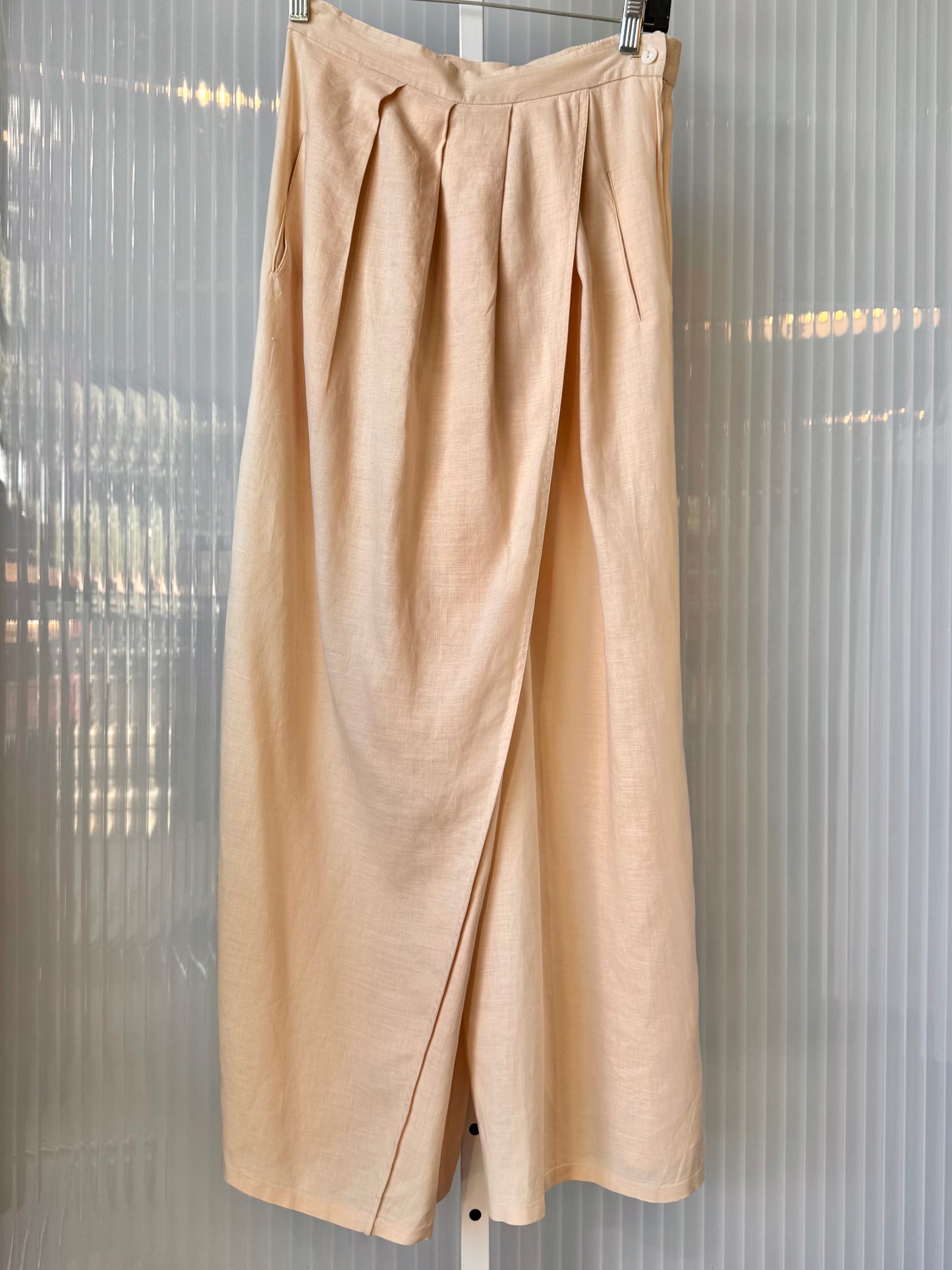 Cream Linen Skirt-Like Wide-Leg Trousers