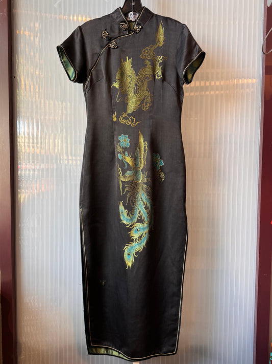 1980s Black Green Blue Cheongsam Dress