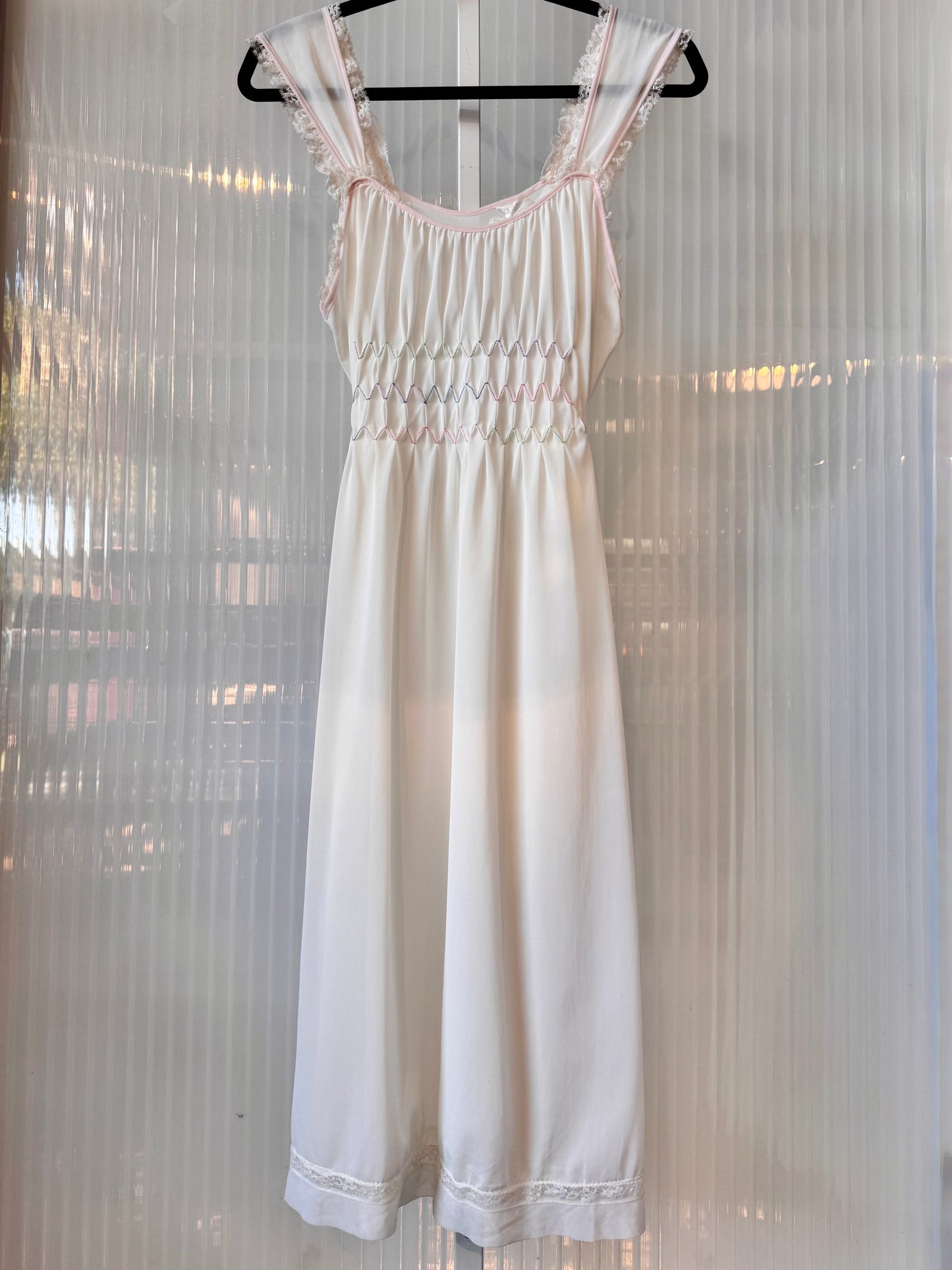 1960s White & Pastel Smocking Nightgown Slip