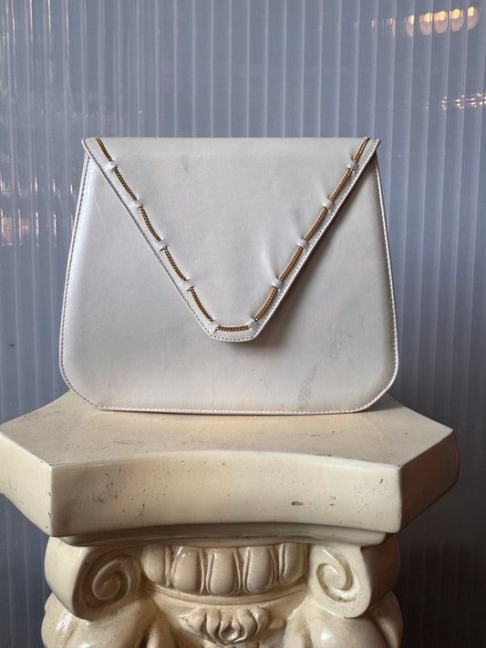 1980s White Leather Purse with Gold Chain Accent