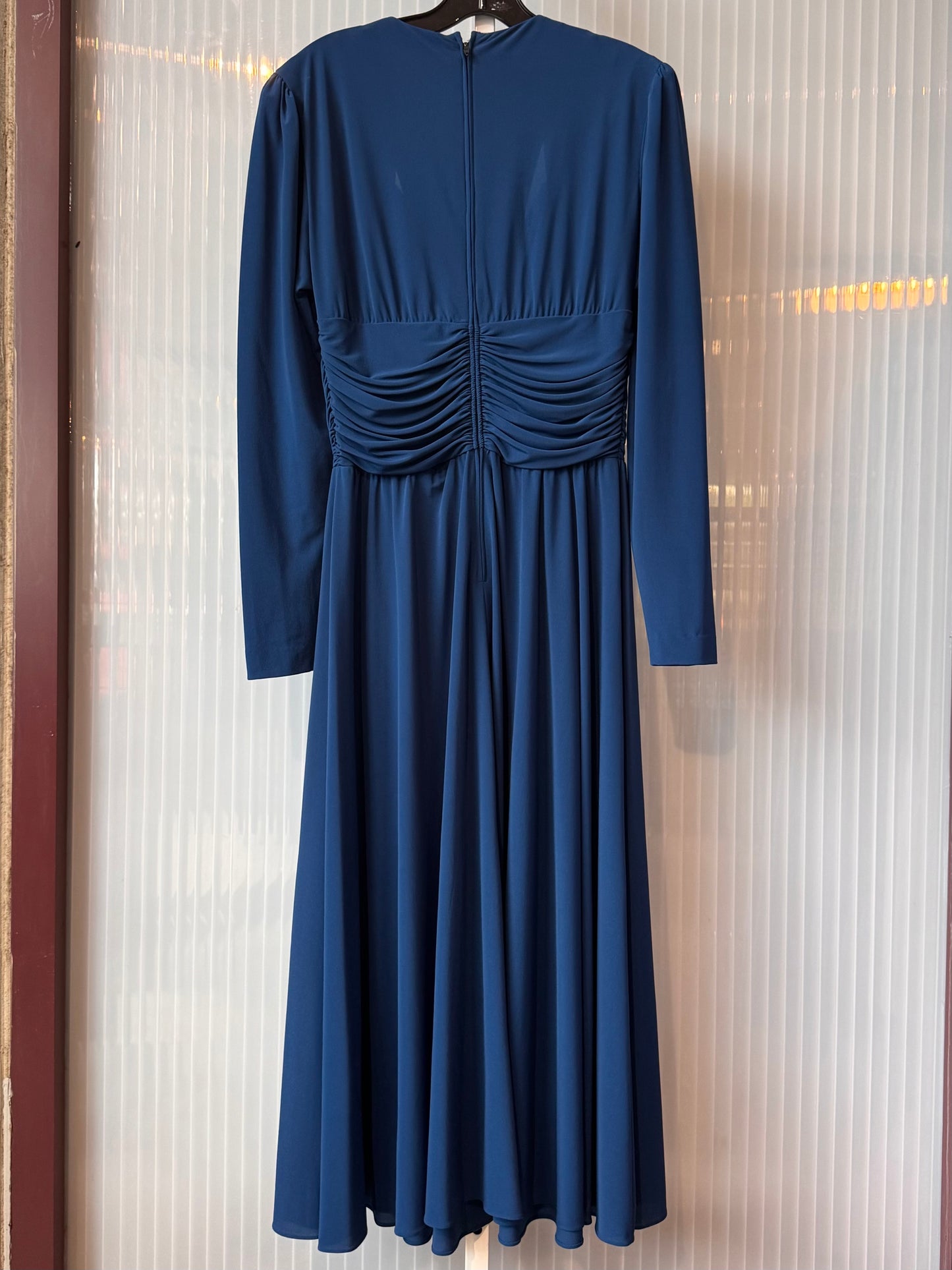 1980s Dark Blue Draped Dress with Silver Rhinestone Accents