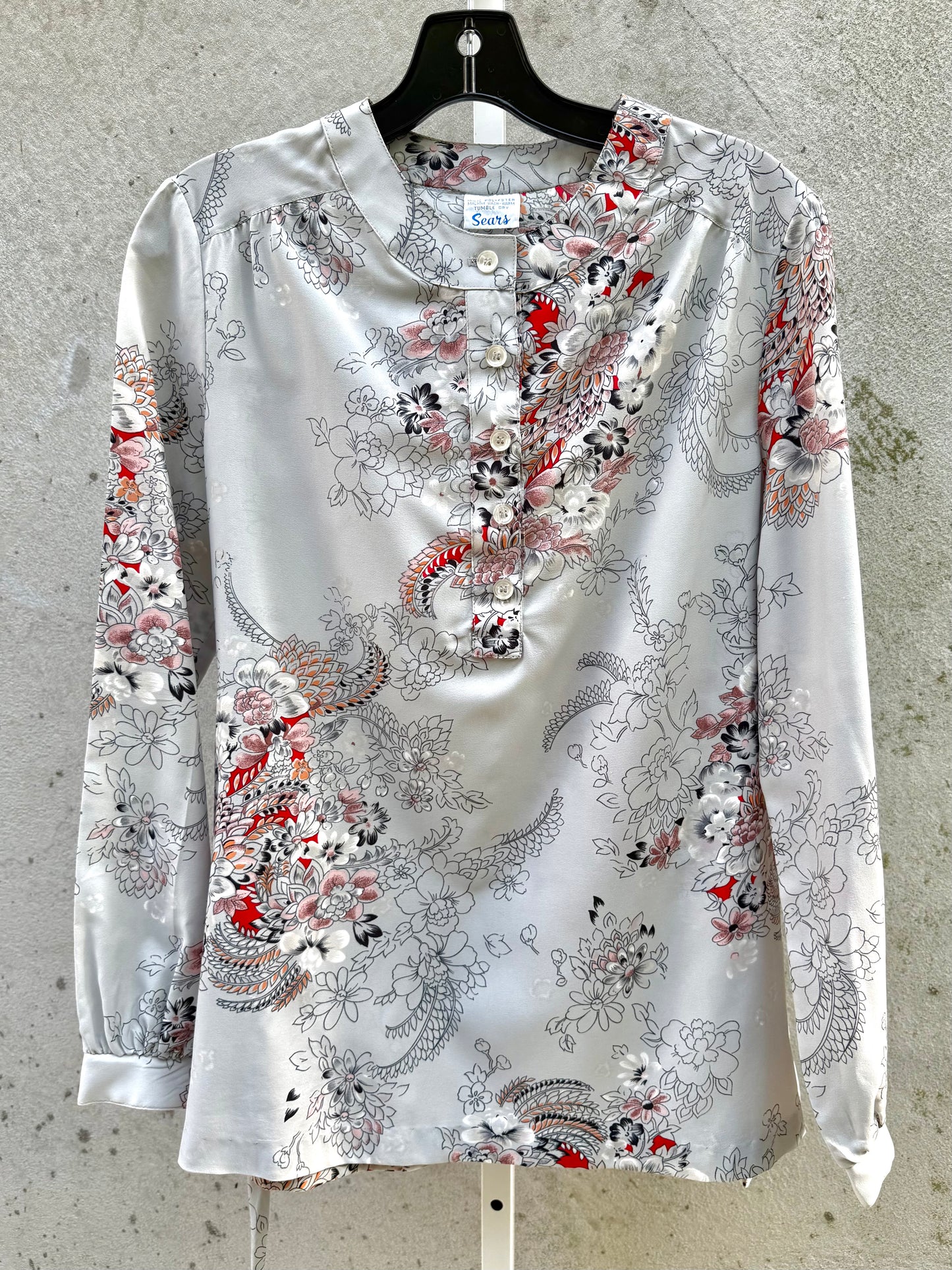 1970s Sears Floral Collarless Button-Front Blouse
