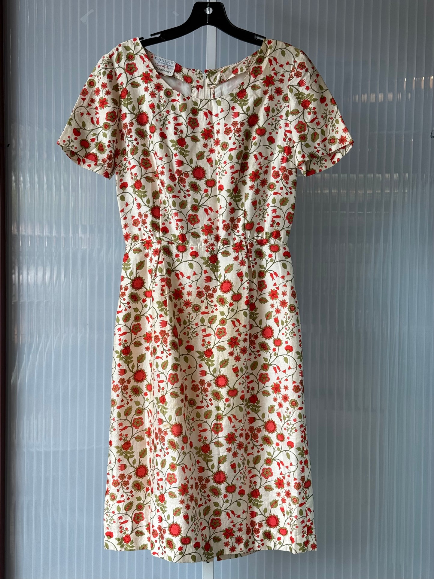 1960s Red, Green, & Cream Floral Print Pleated Sheath Dress