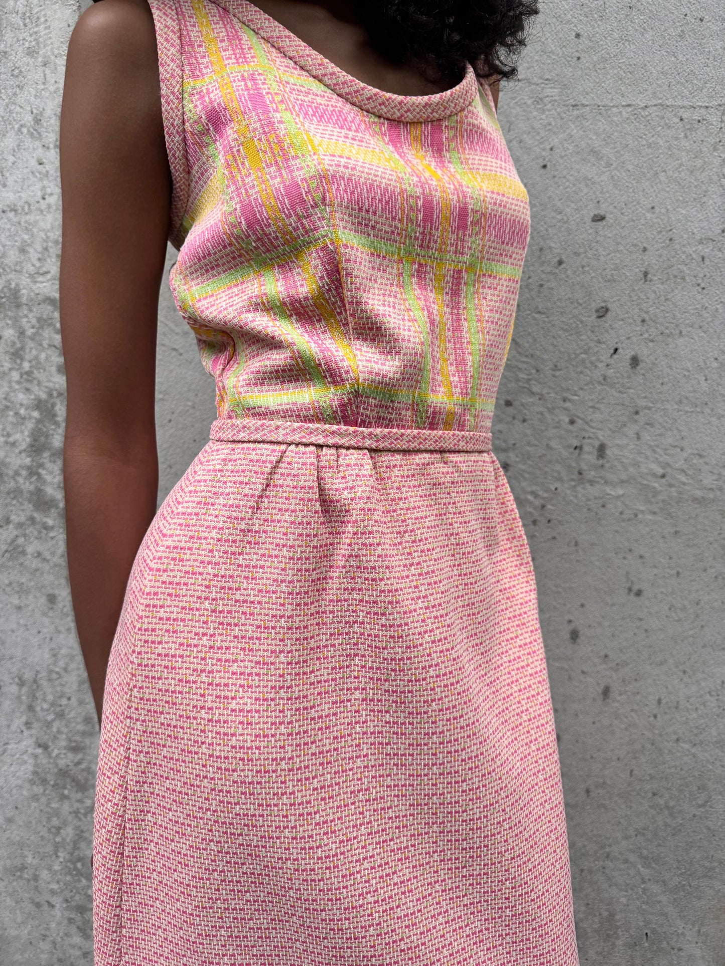 1970s Pink & Green Geometric Pattern Dress