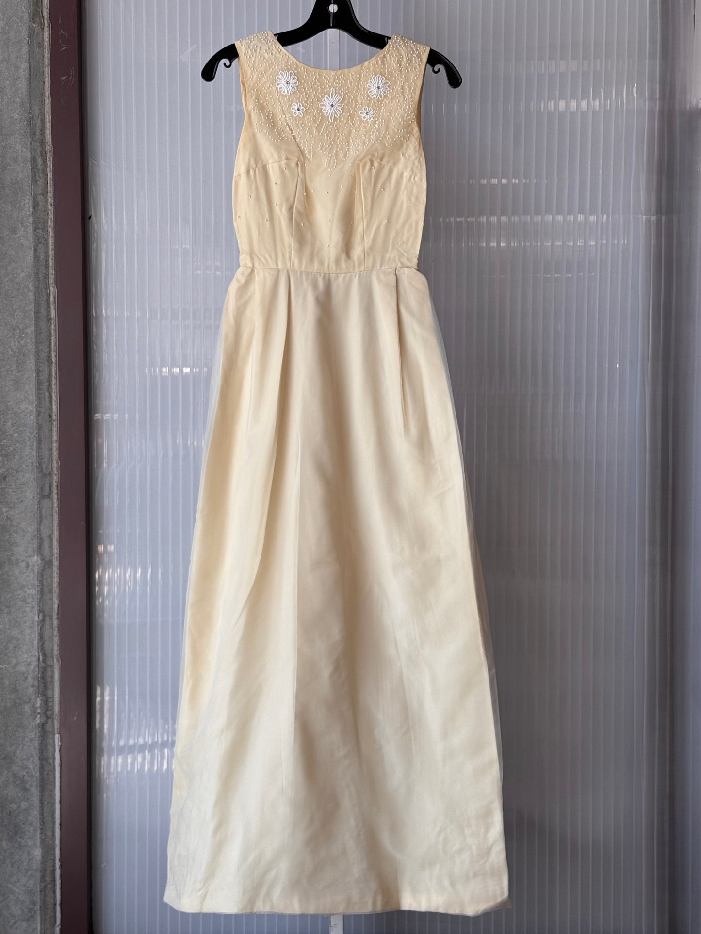 1970s Lemon Yellow Sheer Layered Gown w/ White Beading