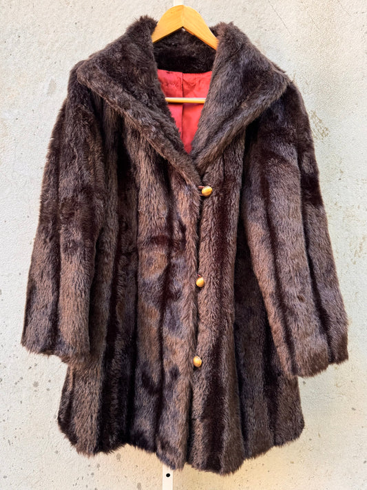 Brown Faux Fur Coat with Gold Buttons