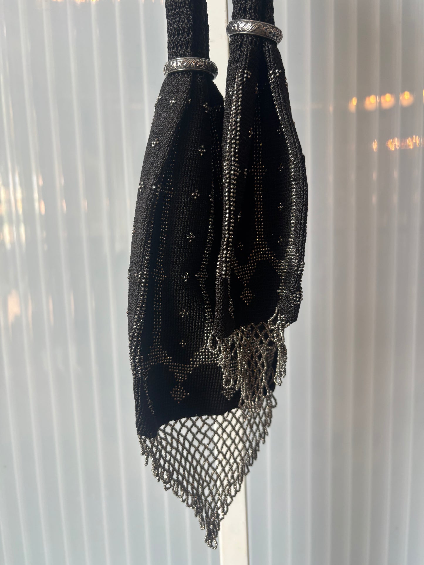 Victorian Black Knitted Silver Bead Miser Purse