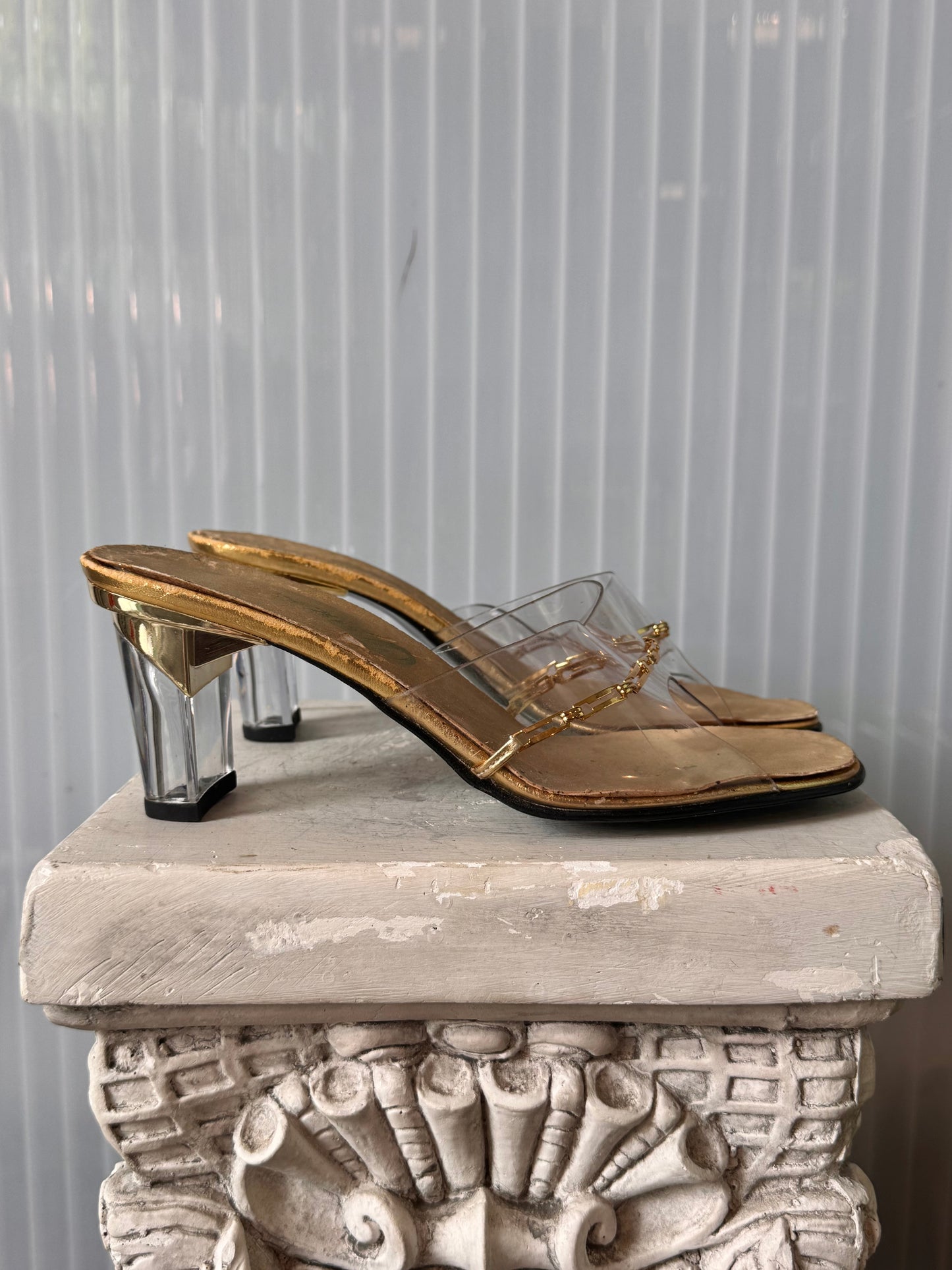1970s Gold-Chain Peep-toe Mule Heels